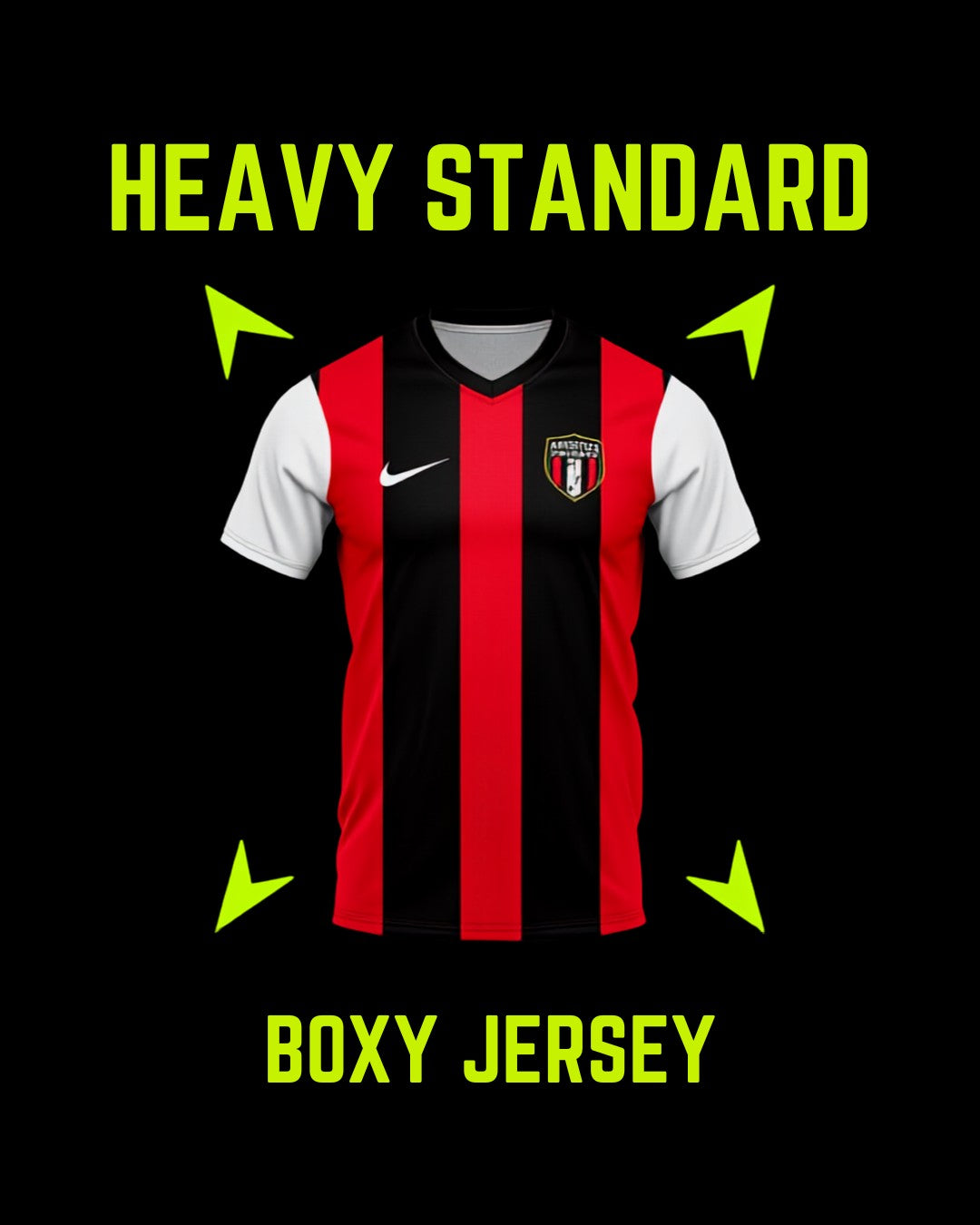 Heavy Standard boxy collared soccer jersey on black and volt streetwear product card