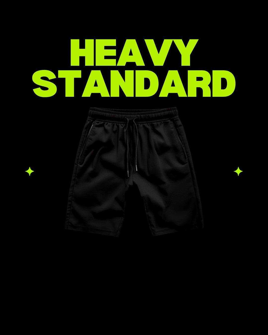 Heavy Standard loose fit performance shorts on black and volt streetwear product card