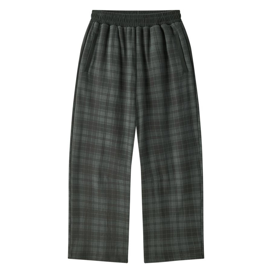 Dark gray plaid straight-leg pants with elastic waistband