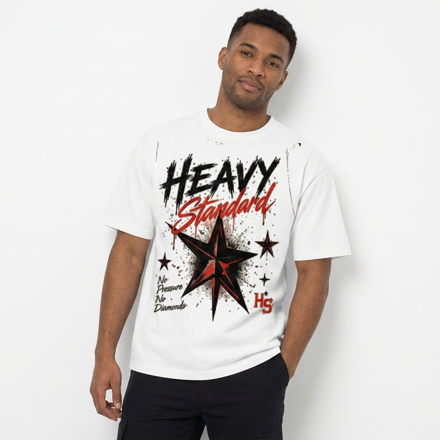 White boxy oversized T-shirt with a black and red Heavy Standard star graphic, worn with black pants.