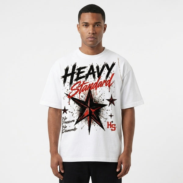 White boxy oversized T-shirt with the Heavy Standard star graphic, straight-on front view on a model.
