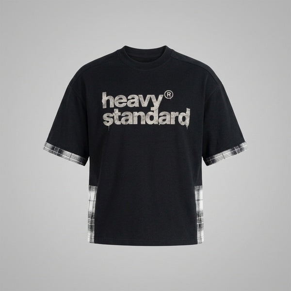 Black plaid paneled T-shirt with a Heavy Standard chest graphic and plaid sleeve and side panels, front product view.