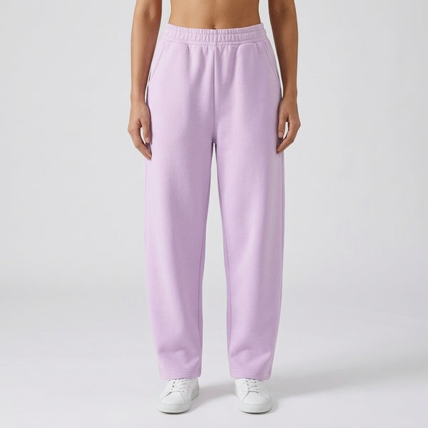 Lavender unisex barrel leg sweatpants with a relaxed fit, full-length front view.