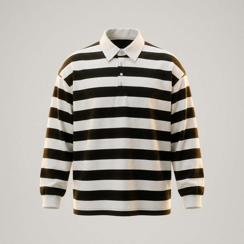 Black and white striped long-sleeve polo shirt with a white collar and button placket, front product view.