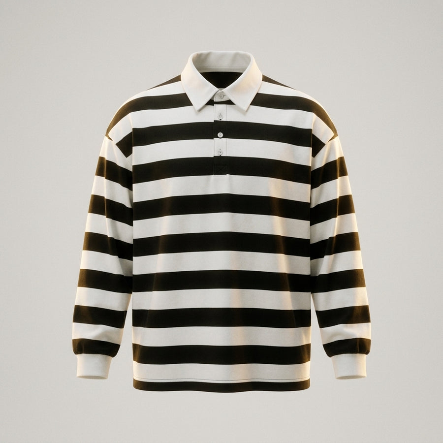 Black and white striped long-sleeve polo shirt with a white collar and button placket, front product view.