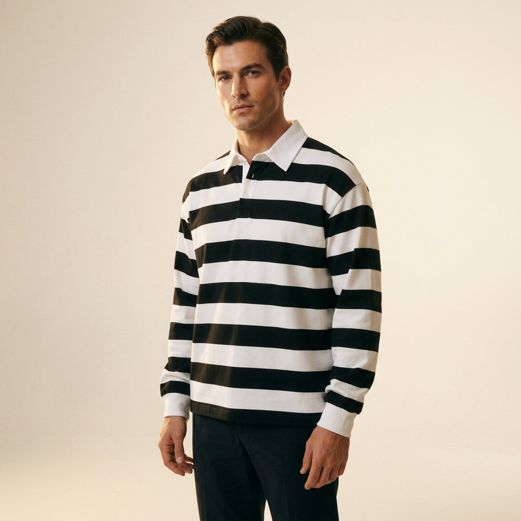 Black and white striped long-sleeve polo shirt with a white collar, three-quarter front view on a model.
