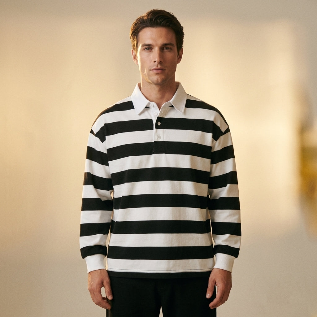 Black and white striped long-sleeve polo shirt with a loose fit, straight-on front view on a model.