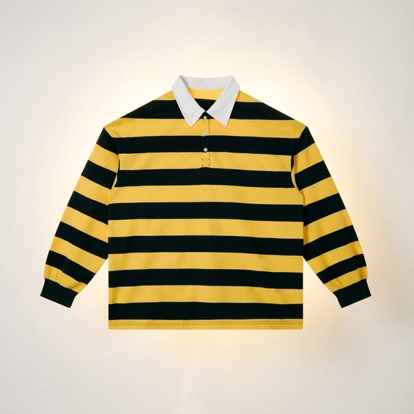 Yellow and navy striped long-sleeve polo shirt with a white collar and button placket, front product view.