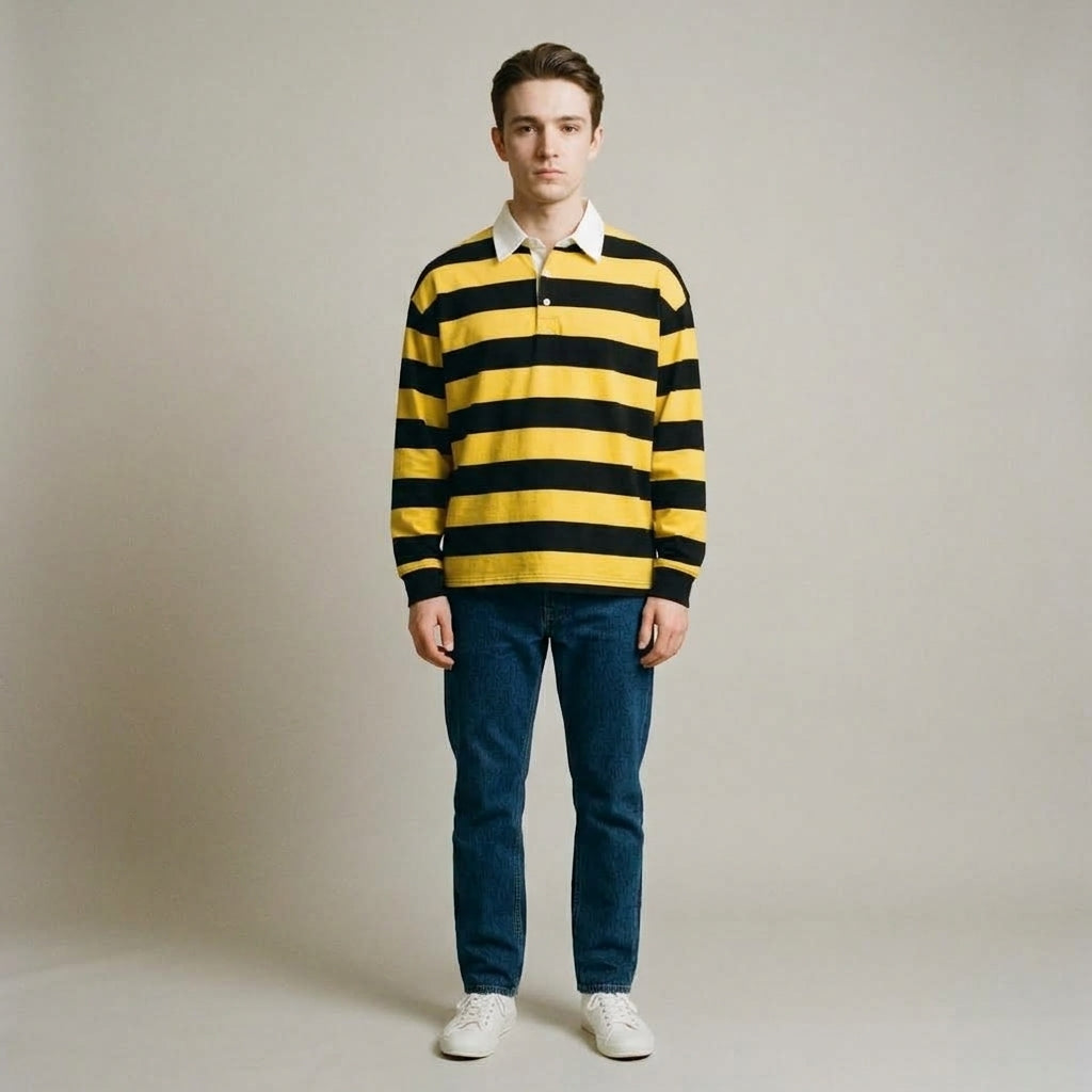 Yellow and navy striped long-sleeve polo shirt styled with jeans and white sneakers, full-length view.