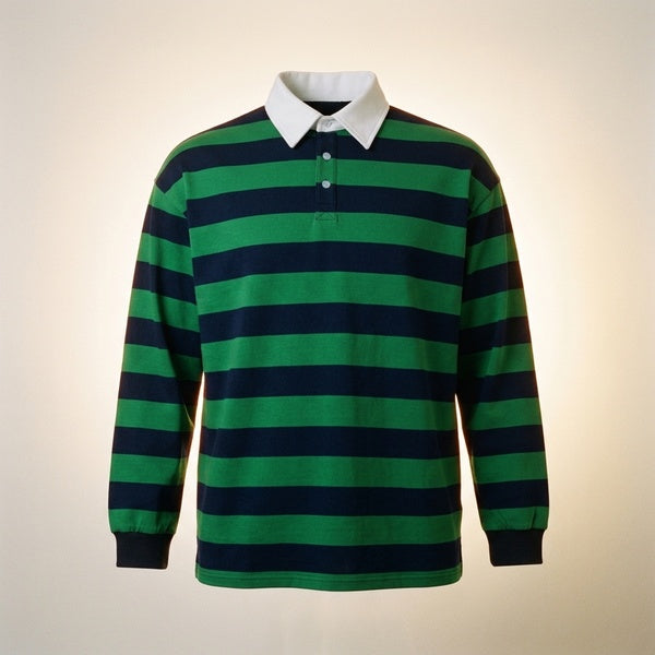 Green and navy striped long-sleeve polo shirt with a white collar and button placket, front product view.