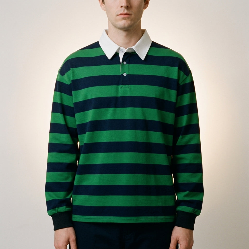 Green and navy striped long-sleeve polo shirt with a white collar, close front view on a model.