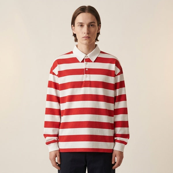 Red and white striped long-sleeve polo shirt with dropped shoulders, front view on a model.
