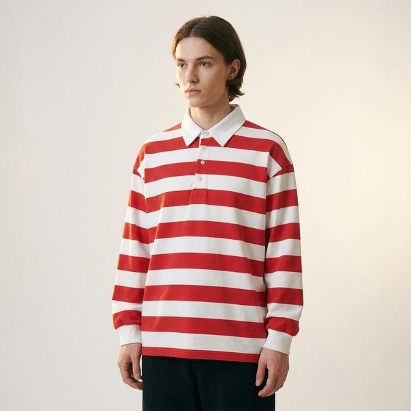 Red and white striped long-sleeve polo shirt with a loose fit, three-quarter front view on a model.