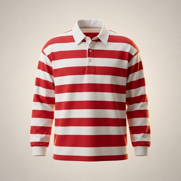 Red and white striped long-sleeve polo shirt with a white collar and button placket, front product view.