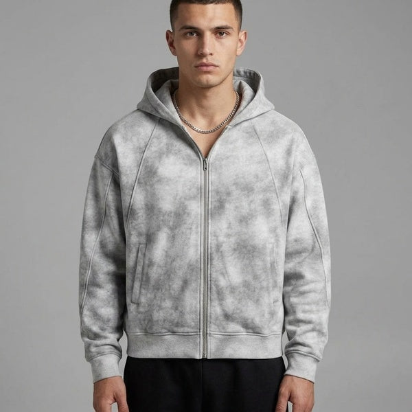 Light gray dirty-washed zip-up fleece hoodie, close front view showing the zipper and washed pattern.