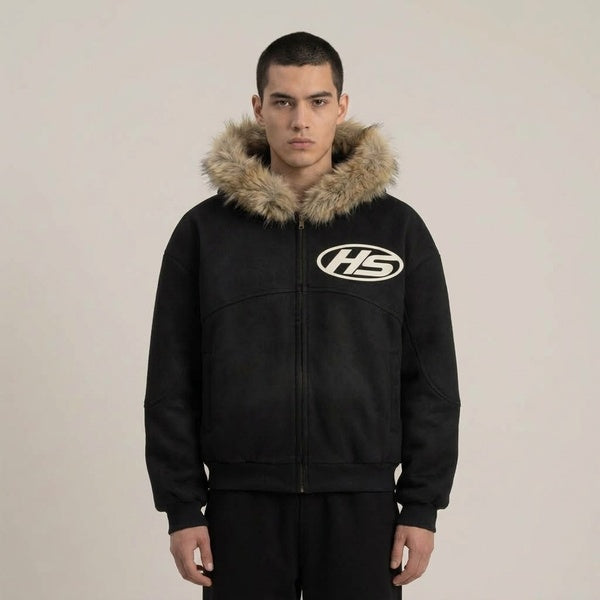 Front view of the black Sun Fade Boxy Detachable Fur Hoodie with fur trim and an HS chest logo.