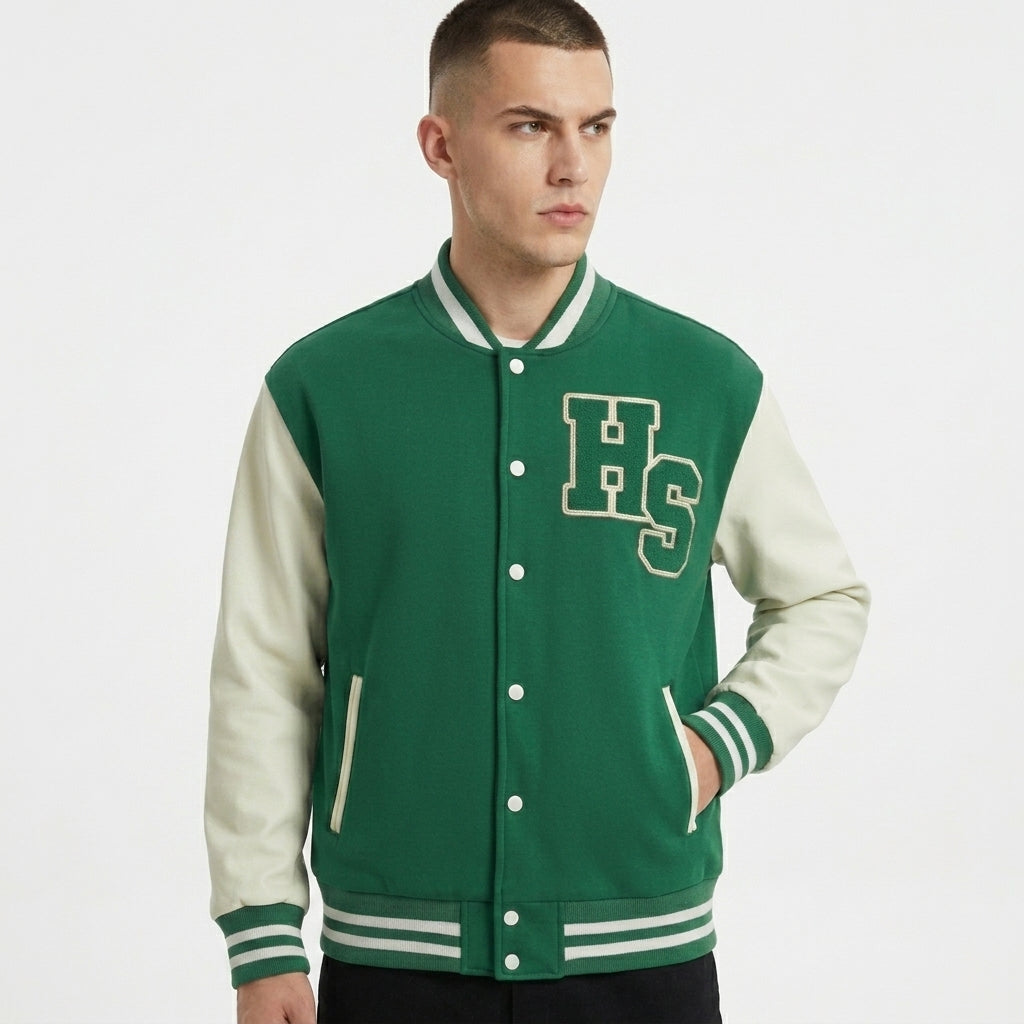 Front view of the green and cream Two-Tone Fleeced Varsity Jacket with HS lettering and cream sleeves.