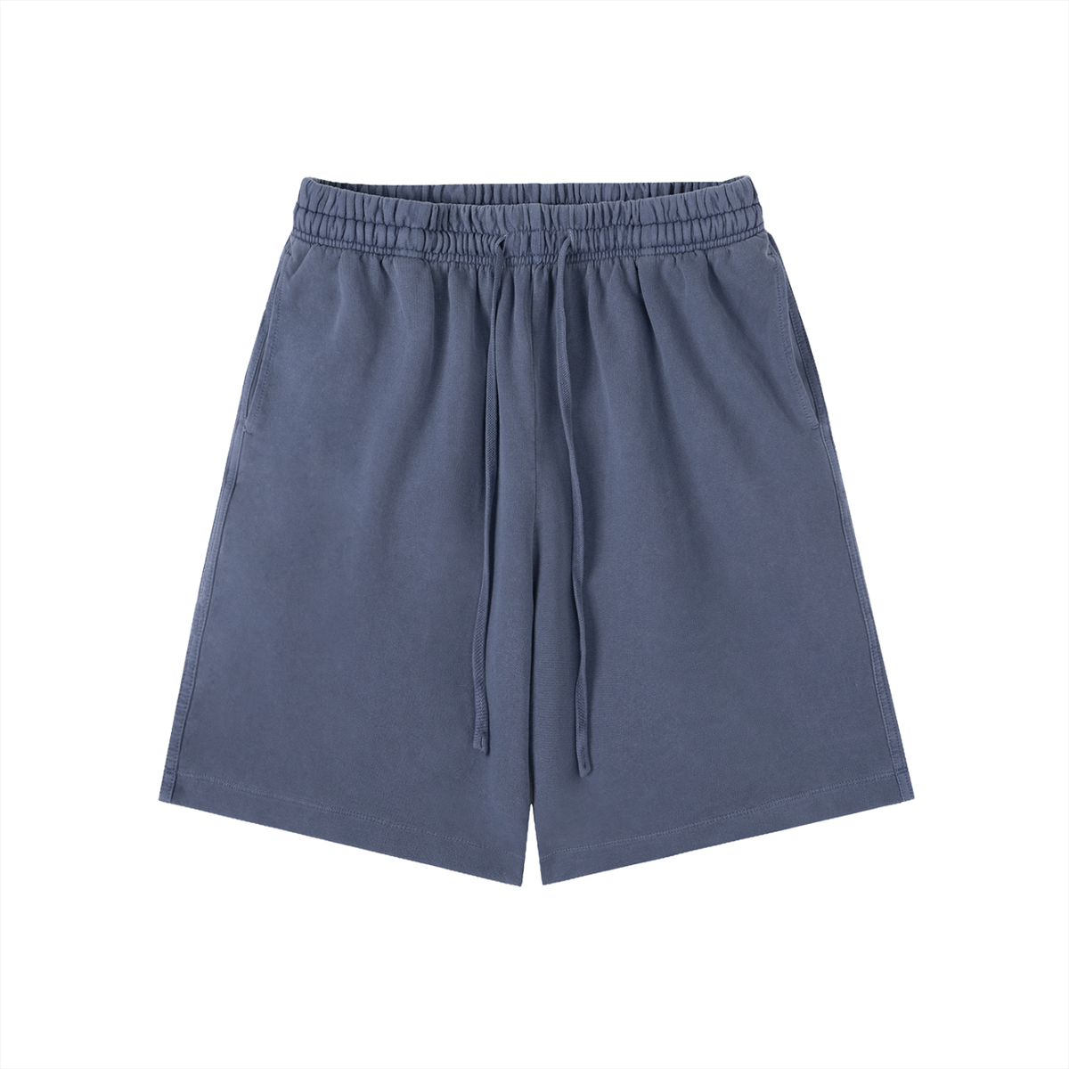 Blue vintage wash cotton shorts with an elastic waistband and drawstring, front product view.