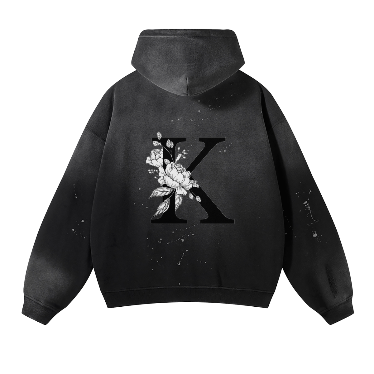 Back view of the black Vintage Wash Frayed Fleece Hoodie with a large floral K graphic.