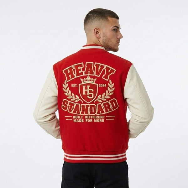 Back view of the red and cream Two-Tone Fleeced Varsity Jacket with a large Heavy Standard graphic.