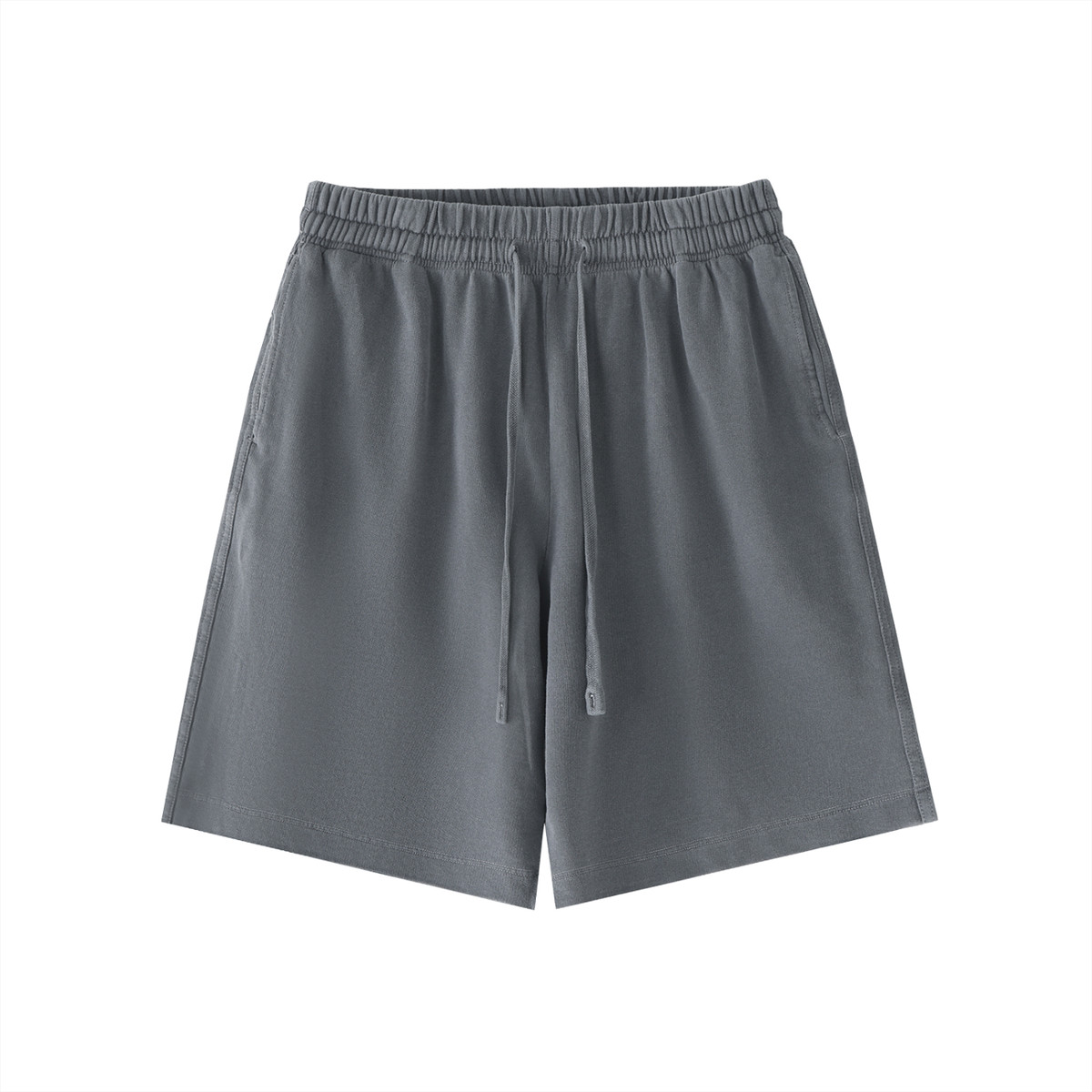Gray vintage wash cotton shorts with an elastic waistband and drawstring, front product view.