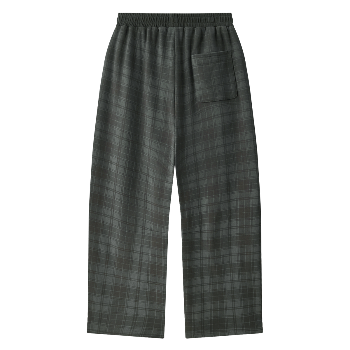 Dark gray plaid straight-leg pants with elastic waist and side pocket