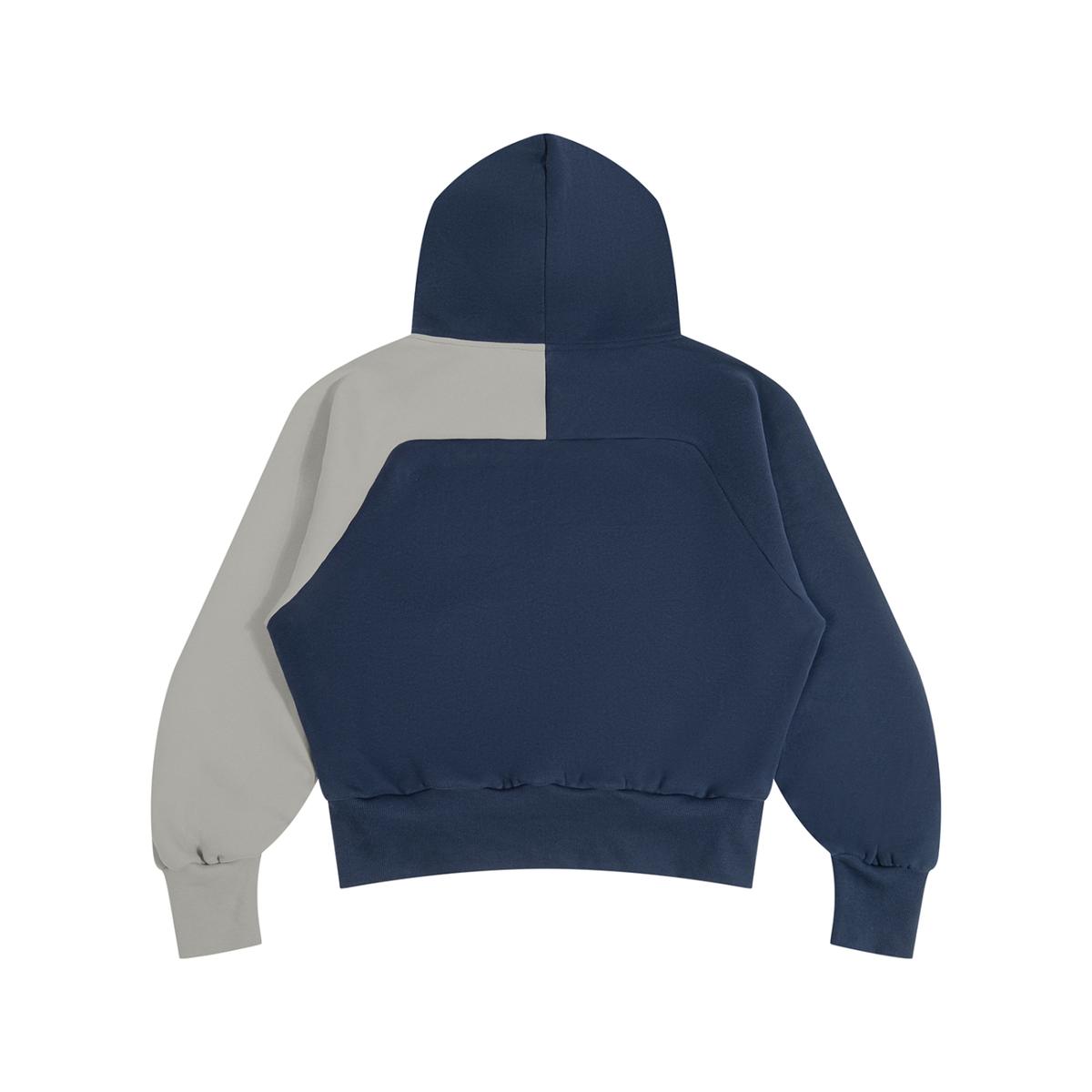 Back view of the navy and gray Unisex Color-Block Fleece Hoodie with asymmetric color panels.