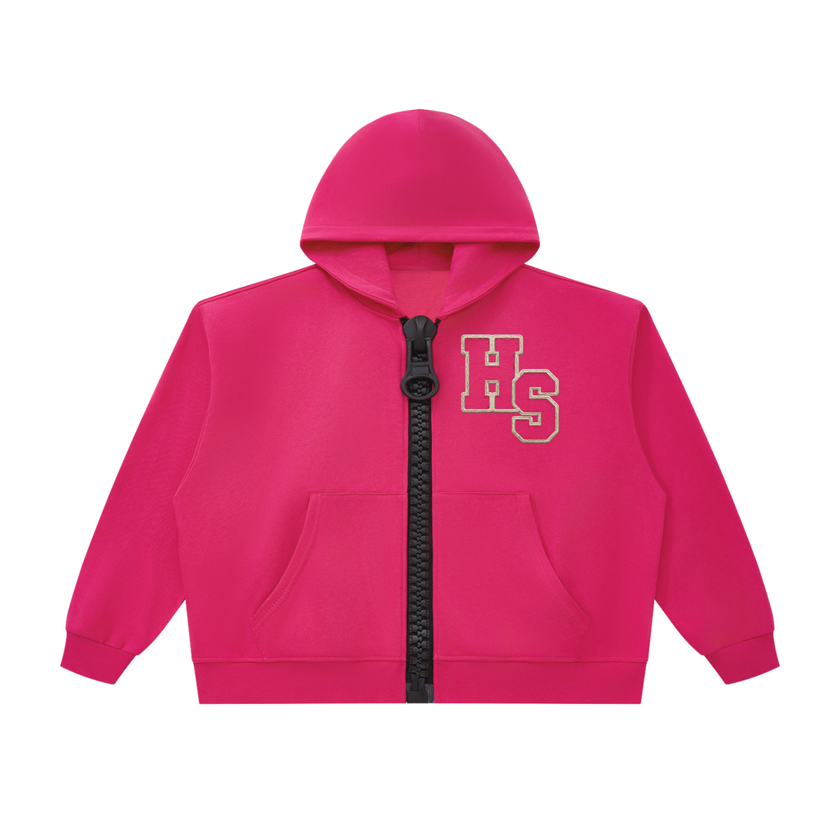Boxy zip hoodie, fuchsia, front view with HS chest logo and black zipper