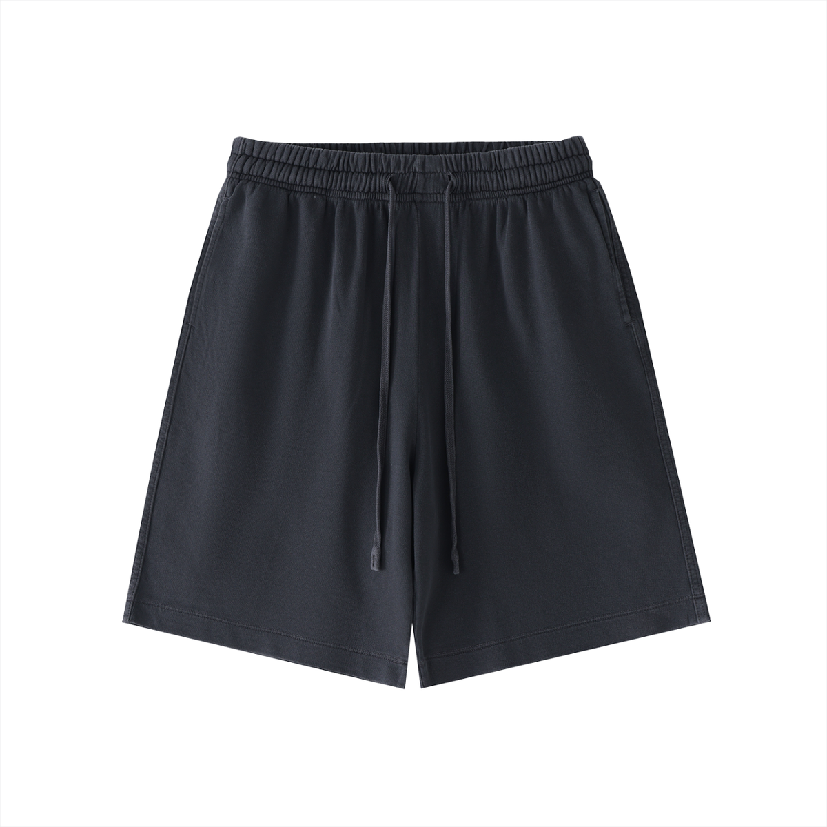 Black vintage wash cotton shorts with an elastic waistband and drawstring, front product view.