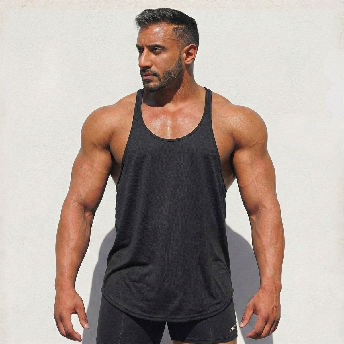 Black Stringer Tank Top, model in a front view.