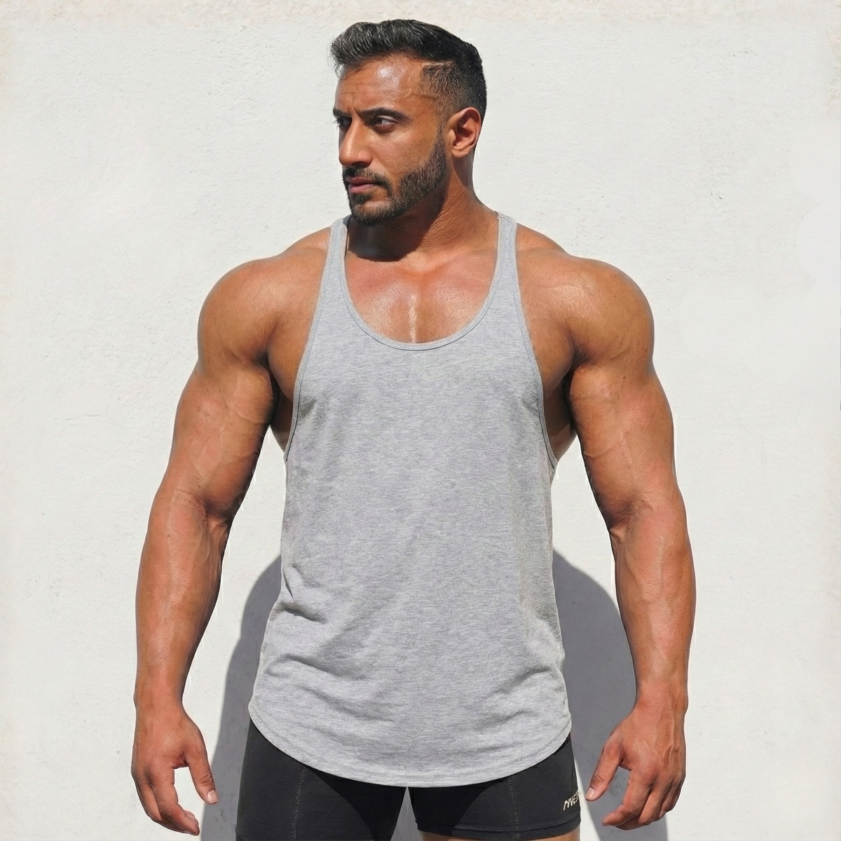 Heather gray Stringer Tank Top, model in a front view.