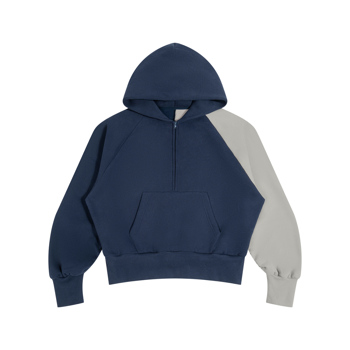 Front view of the navy and gray Unisex Color-Block Fleece Hoodie with a quarter zip and kangaroo pocket.