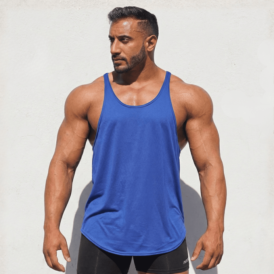 Blue Stringer Tank Top, model in a front view.