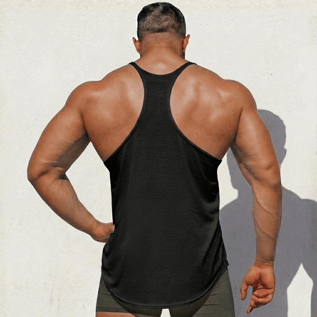 Black Stringer Tank Top, model in a back view showing the racerback cut.