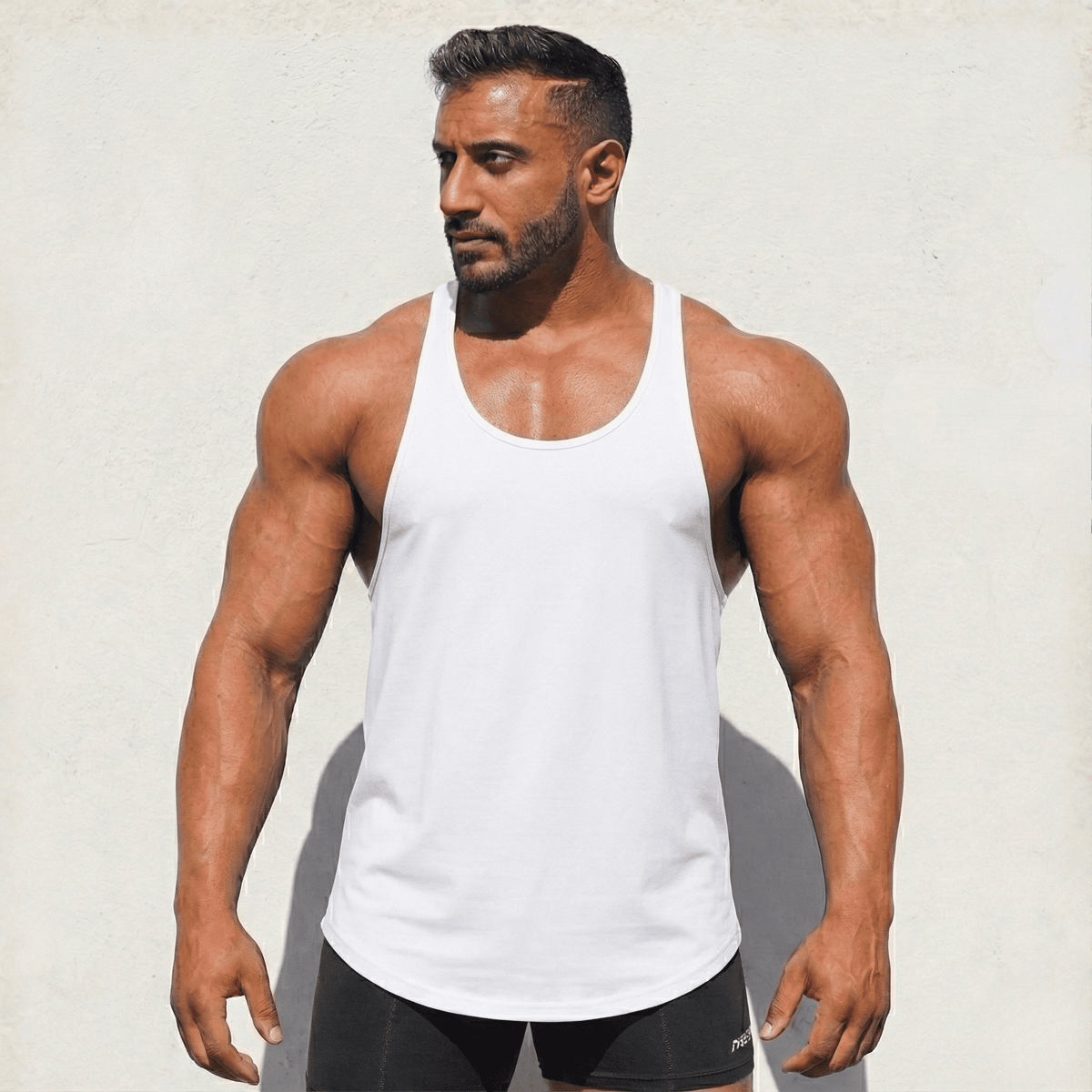 White Stringer Tank Top, model in a front view.