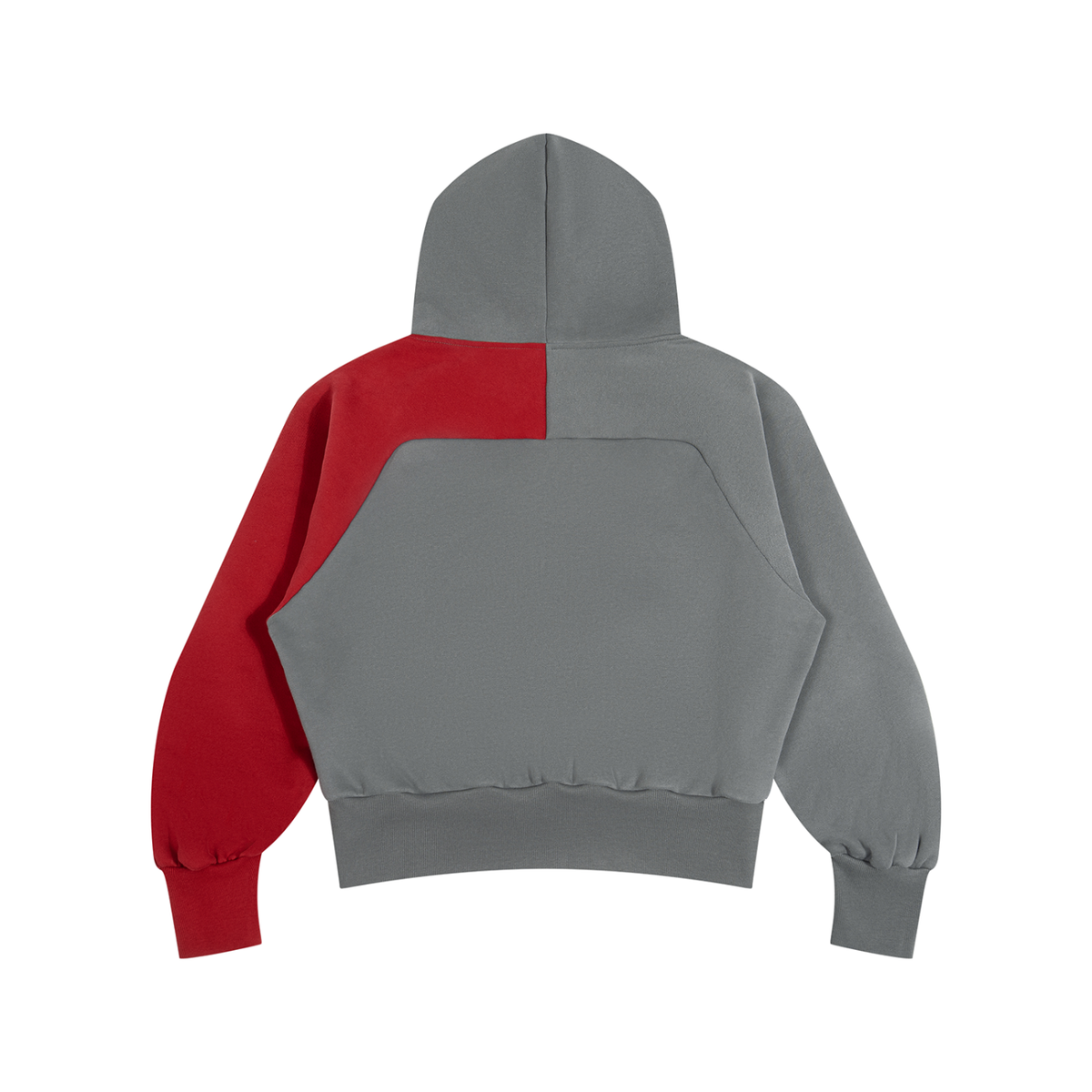 Back view of the gray and red Unisex Color-Block Fleece Hoodie with asymmetric color panels.