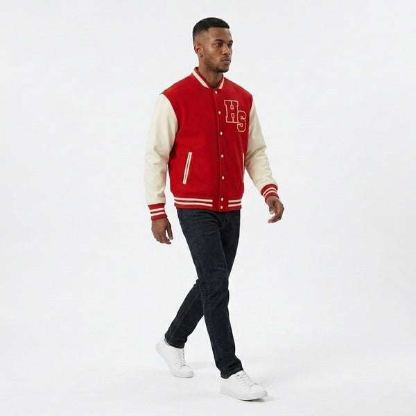 Full-length front view of the red and cream Two-Tone Fleeced Varsity Jacket worn with black pants.