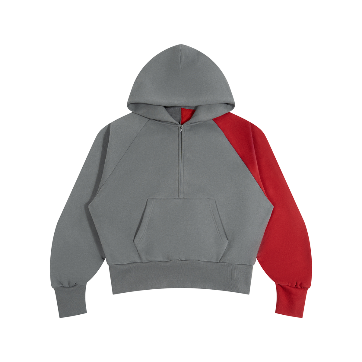 Front view of the gray and red Unisex Color-Block Fleece Hoodie with an asymmetric red sleeve.