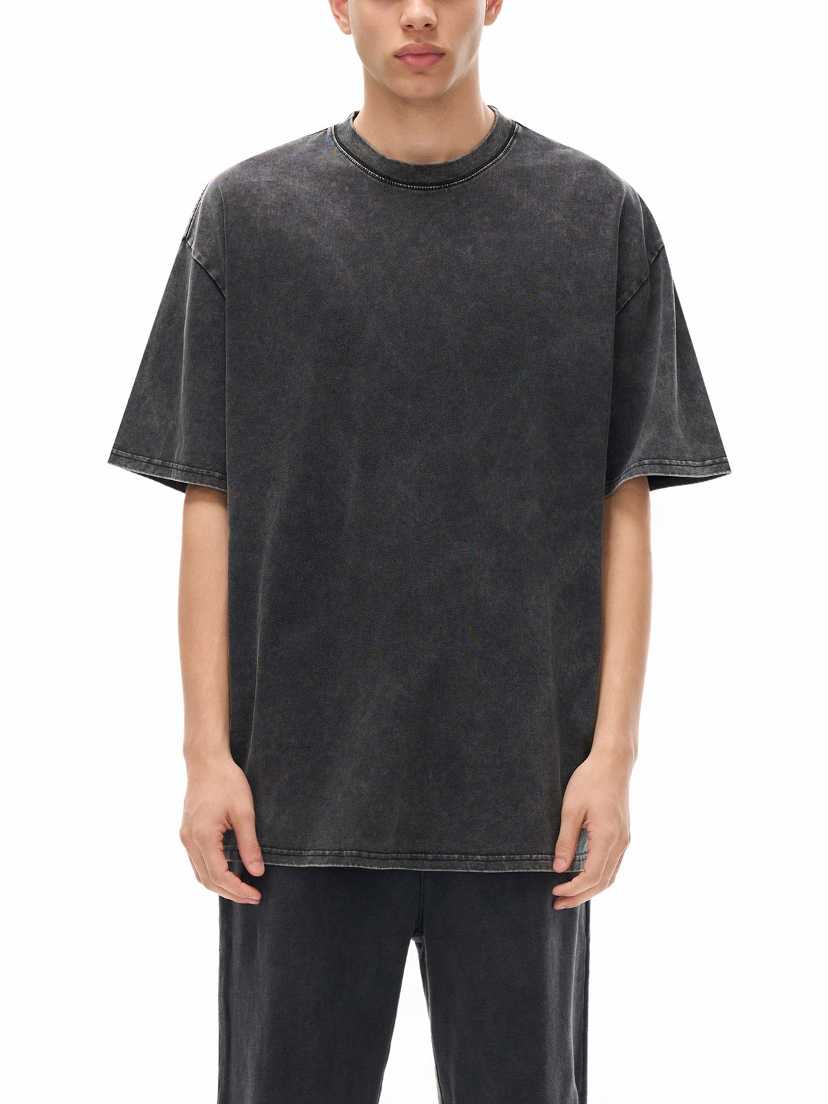Batik black heavyweight washed T-shirt on model, front view